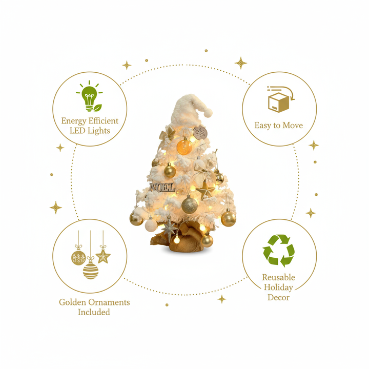 Tabletop Christmas Tree Small Mini Christmas Tree for Table Top;  Artificial Snow Flocked with Xmas Ornaments;  Gold Christmas Decorations for Home Office Apartment