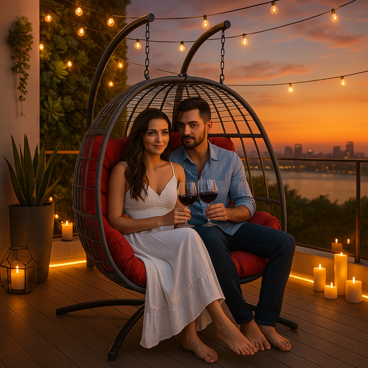 Outdoor Hanging Egg Chair Red - 2 Person Wicker Patio Swing with Stand, Comfort Cushions & All-Weather Durability