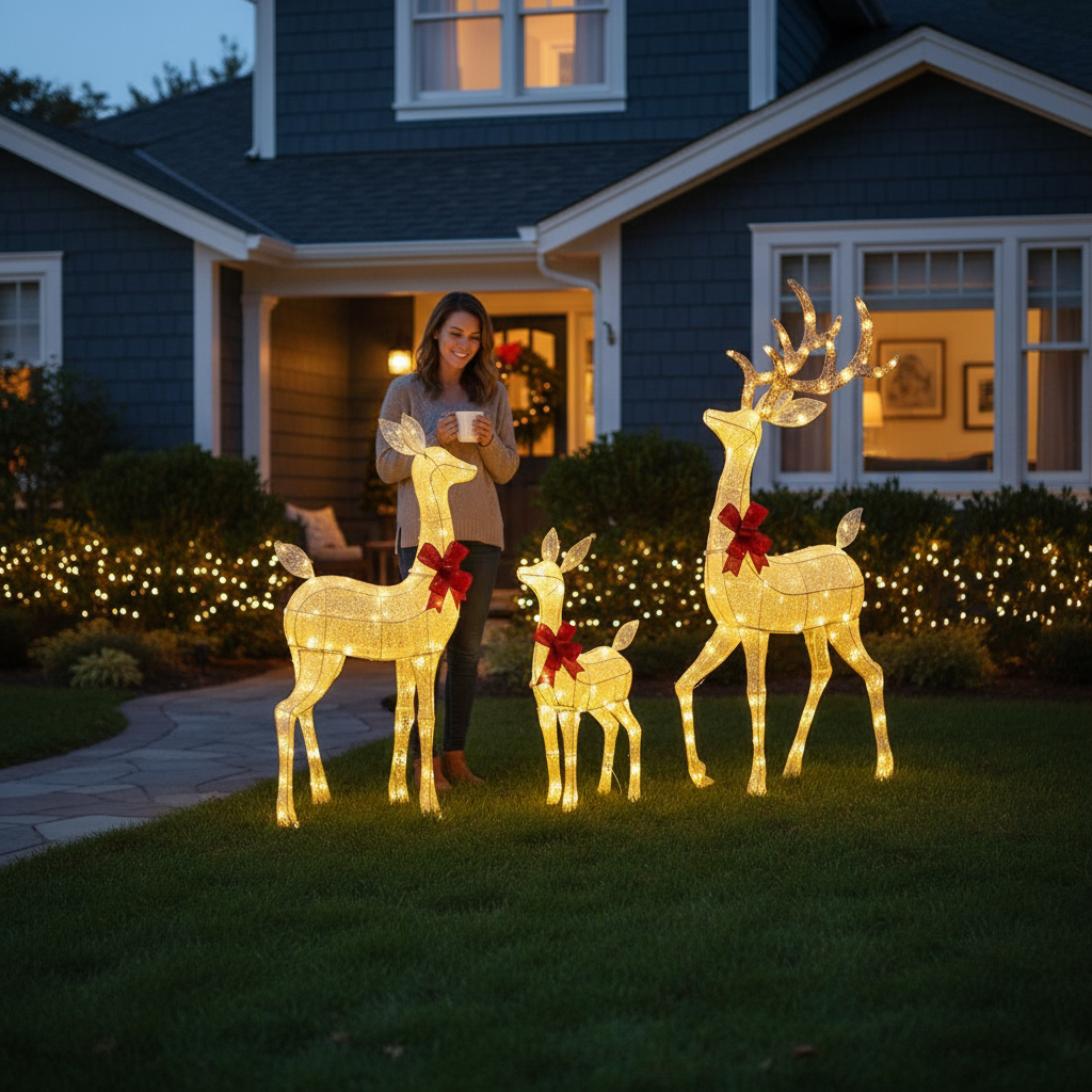 4.5ft 3-Piece Light Up Christmas Deer Family Set of 3, Lighted Reindeer Christmas Decorations with 2 LED Light Modes, Stakes, Zip Ties for Indoor, Outdoor, Yard, Lawn