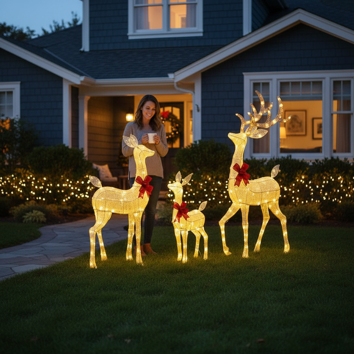 4.5ft 3-Piece Light Up Christmas Deer Family Set of 3, Lighted Reindeer Christmas Decorations with 2 LED Light Modes, Stakes, Zip Ties for Indoor, Outdoor, Yard, Lawn