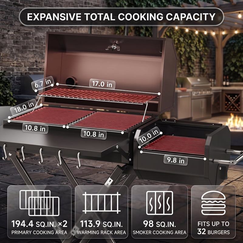 Portable Charcoal Grill with Smoking Function, Foldable Suitcase Design with Wheels, Multi-Tier Storage Rack & Waterproof Cover for Outdoor BBQ Parties - 4