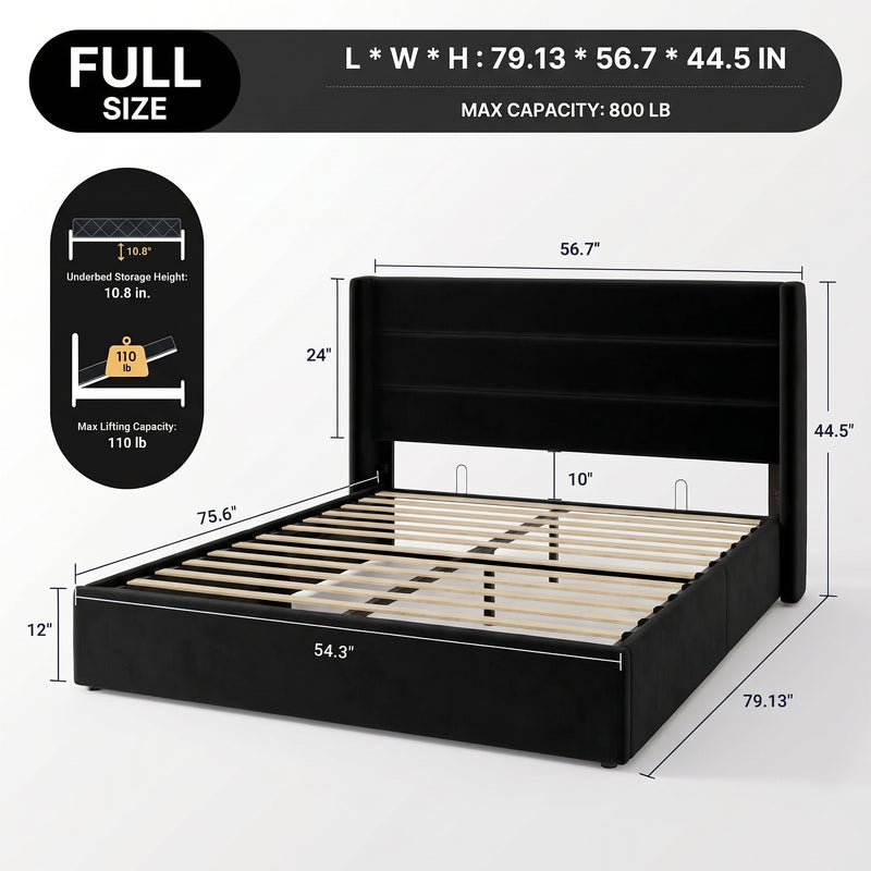 Lift-Up Storage Bed Frame with Upholstered Wingback Headboard - 4