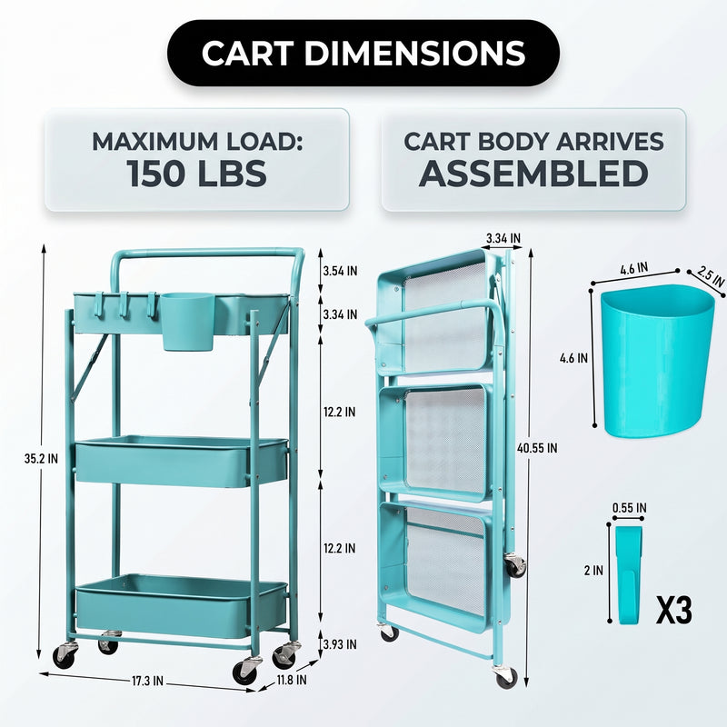 3-Tier Metal Rolling Cart – Foldable or Fixed Pegboard Styles - 4