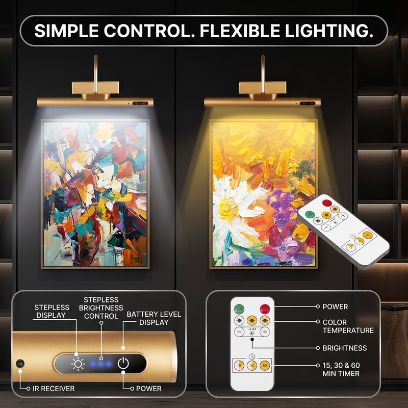 Picture Lights for Wall, Rechargeable Battery Operated LED Gallery Light Bar with Remote & Timer, Dimmable Wireless Wall Sconce for Paintings & Frames - 4