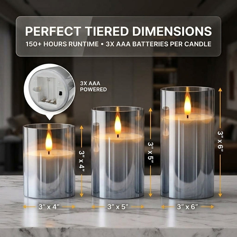 Flameless Candles with Remote & Timer – Glass Pillar Set of 3 - 4