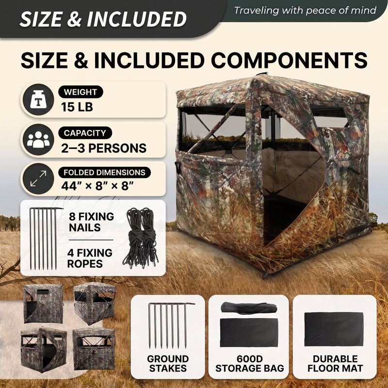 Hunting Blind with Floor Mat, 360 Degree See Through Ground Blind with Carrying Bag, 2/3/4 Person Pop Up Camouflage Tent Portable Concealed Shelter - 4