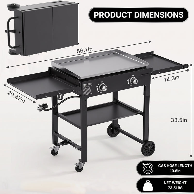 2 & 3 BURNER PORTABLE PROPANE FLAT TOP GRIDDLE – 20,000–45,000 BTU OUTDOOR GRIDDLE WITH SIDE SHELVES & CART - 4