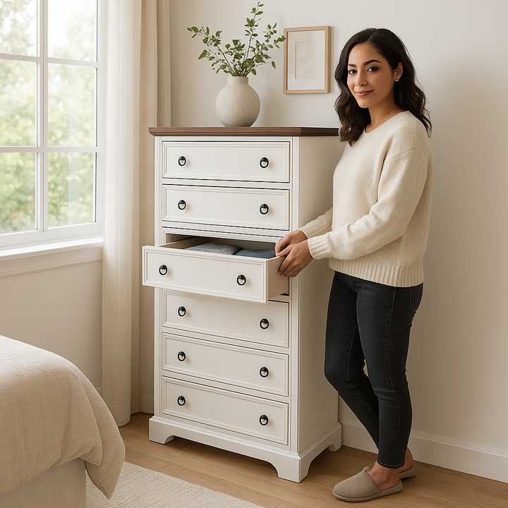 ModernSpace Elite Pro 6-Drawer Tall Dresser – White with Textured Border
