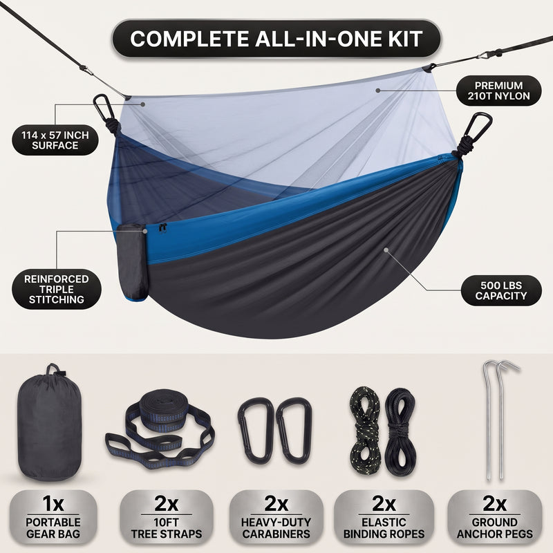 Camping Hammock with Mosquito Net – 1-2 Person, Nylon - 4