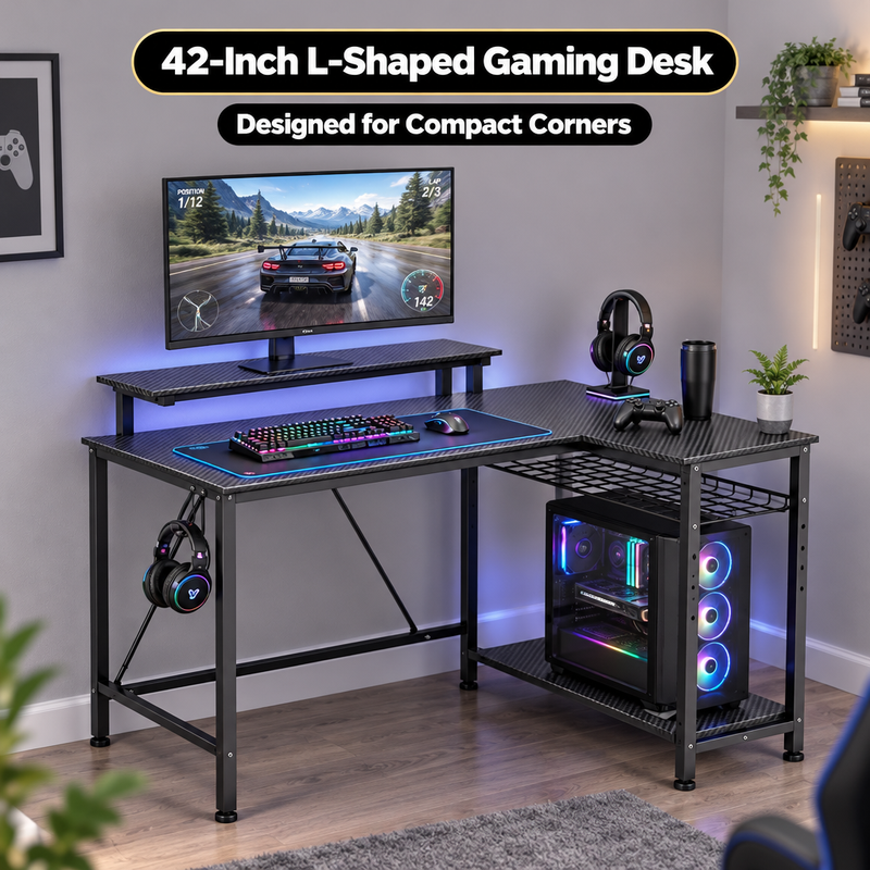 L-Shaped Gaming Desk with LED Lights & Power Outlets - 4 v 