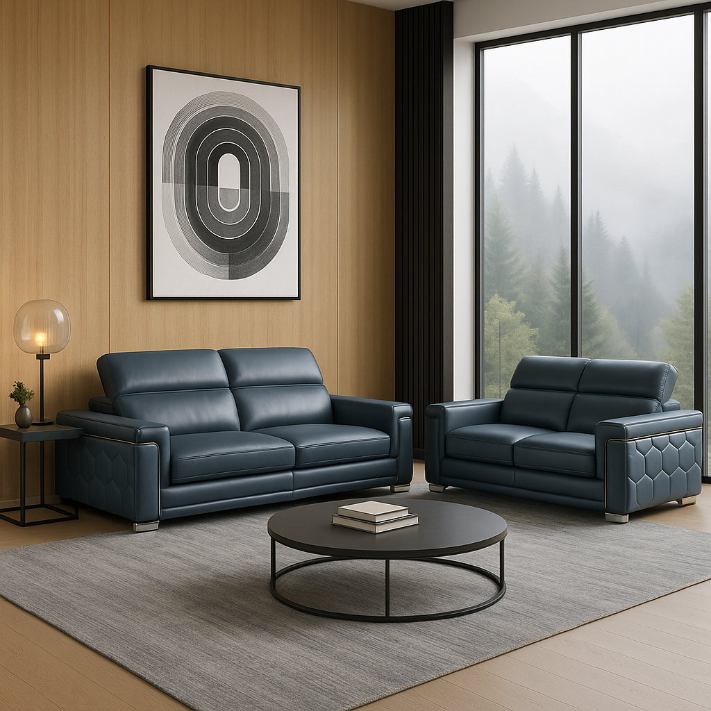 Dark Gray Italian Leather 5-Person Sofa and Loveseat Set with Coil Spring Construction