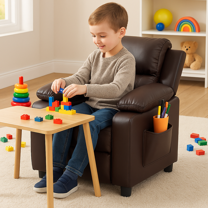 Premium Kids Recliner Chair with Storage Armrest - Solid Wood Frame Children's Lounge Sofa for Entertainment & Comfort