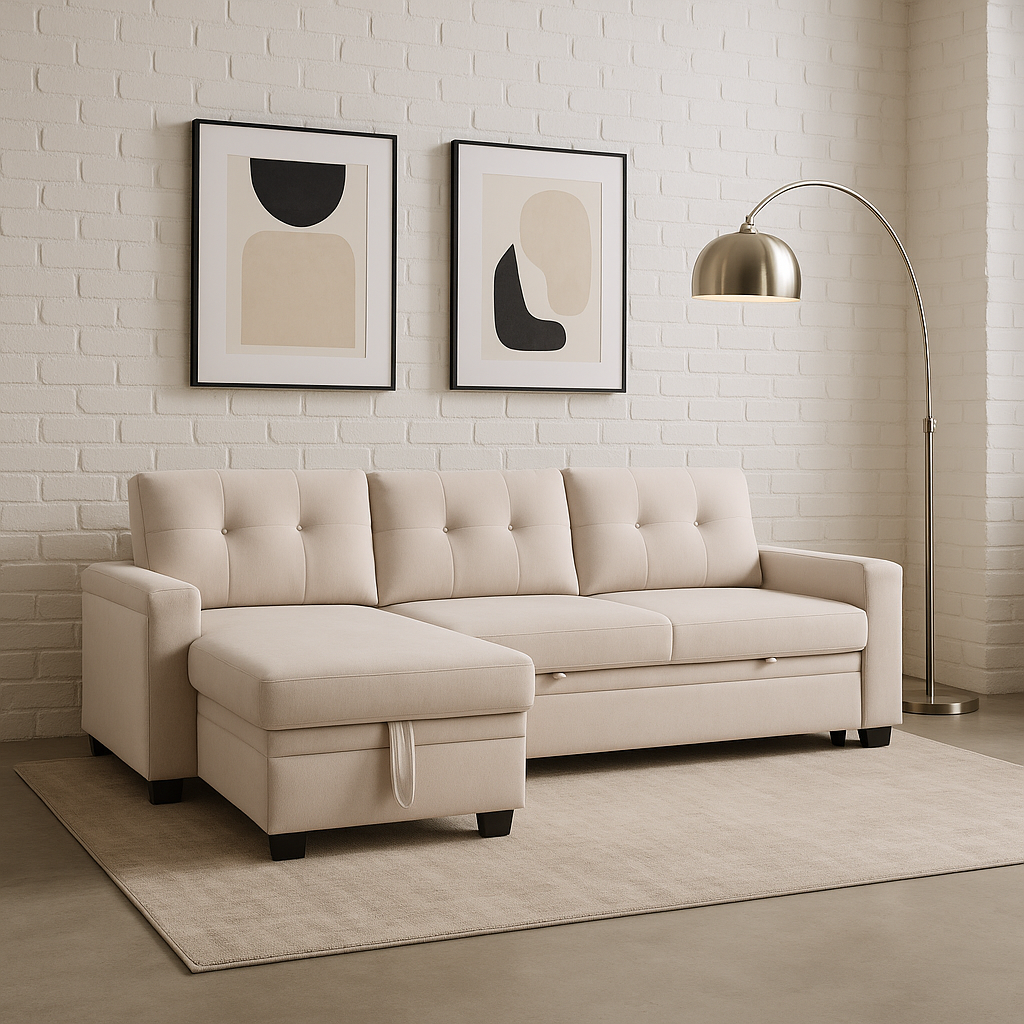 Premium Beige Woven Fabric Reversible Sleeper Sectional with Storage Chaise - Multi-Functional Living Room Furniture Set