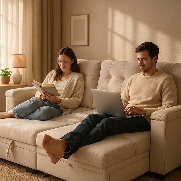 Premium Beige Woven Fabric Reversible Sleeper Sectional with Storage Chaise - Multi-Functional Living Room Furniture Set
