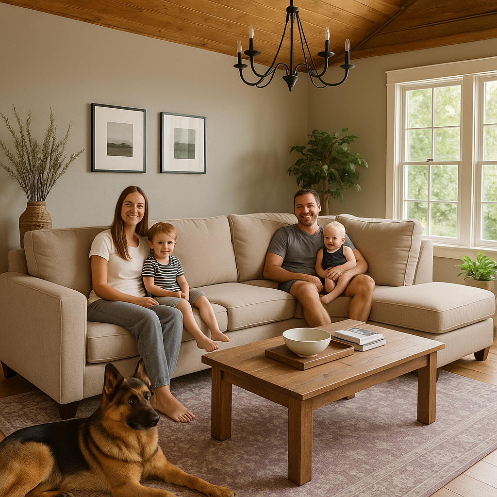 Tan Beige Blue Right Facing L-Shaped Sectional Sofa