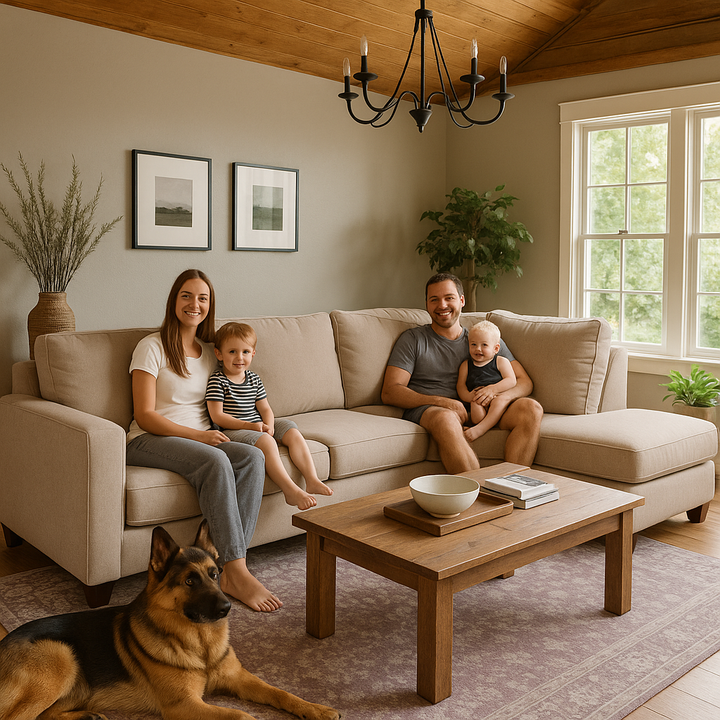 Tan Beige Blue Right Facing L-Shaped Sectional Sofa