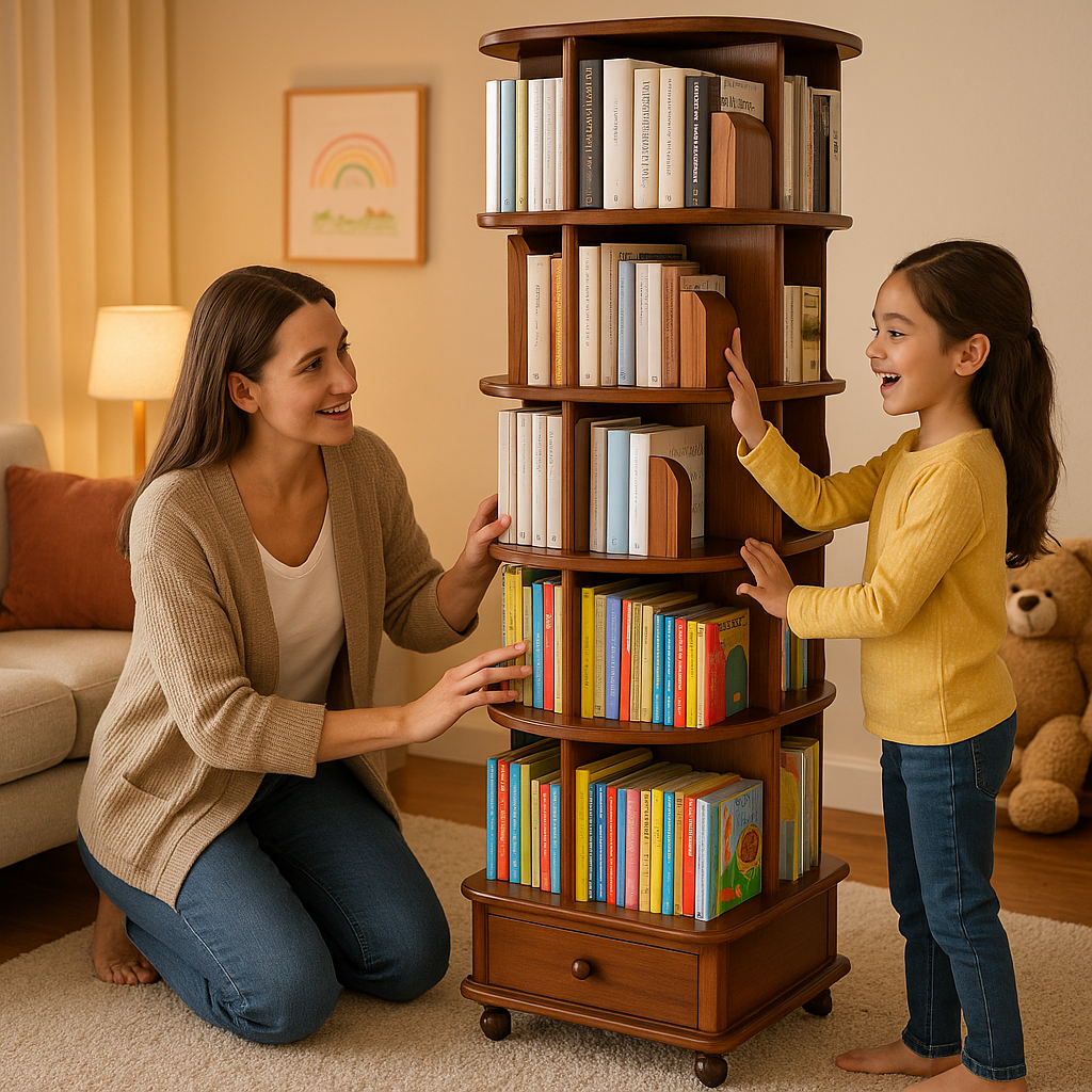 360° Rotating Bookshelf – 6-Tier Corner Bookcase with Wheels, Space-Saving Vertical Storage Rack | Trufairs