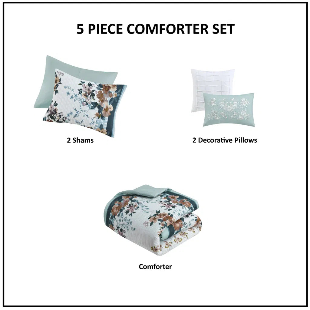 Madison Park Alaina 5-Piece Cotton Floral Comforter Set - Complete Bedding Ensemble with Decorative Throw Pillows
