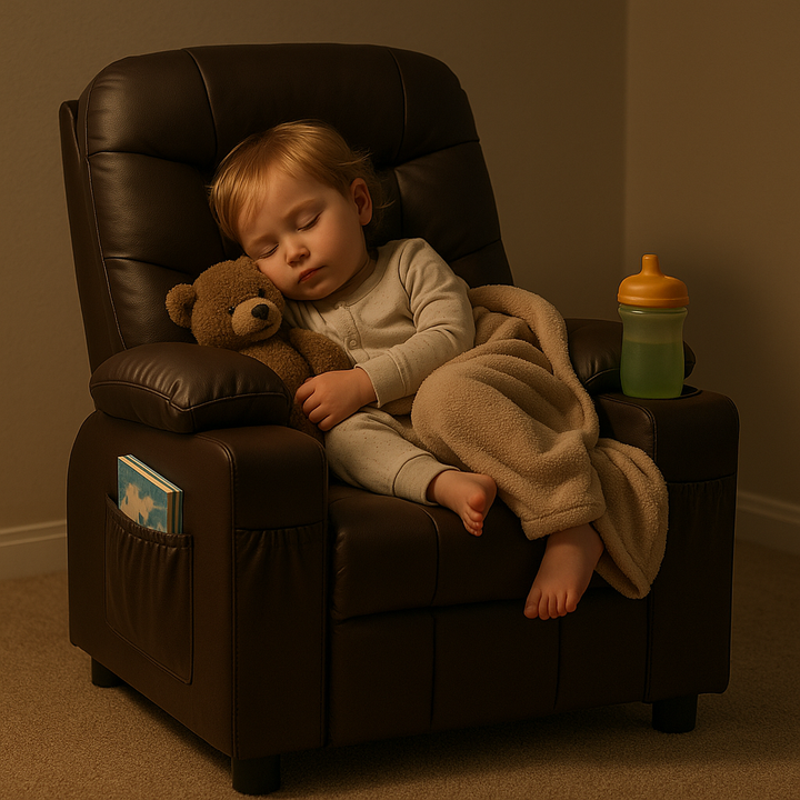 Premium PU Leather Kids Recliner Chair with Dual Cup Holders & Storage Pockets - Ergonomic Youth Furniture with 130° Recline