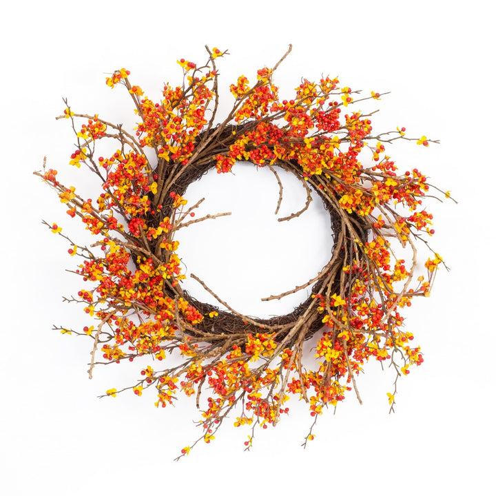 Brown Orange Red Berry & Twig Fall Wreath – 25" Traditional Autumn Door Decoration | Styrofoam Base Artificial Wreath | Trufairs