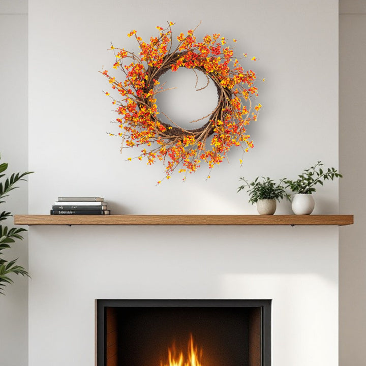 Brown Orange Red Berry & Twig Fall Wreath – 25" Traditional Autumn Door Decoration | Styrofoam Base Artificial Wreath | Trufairs
