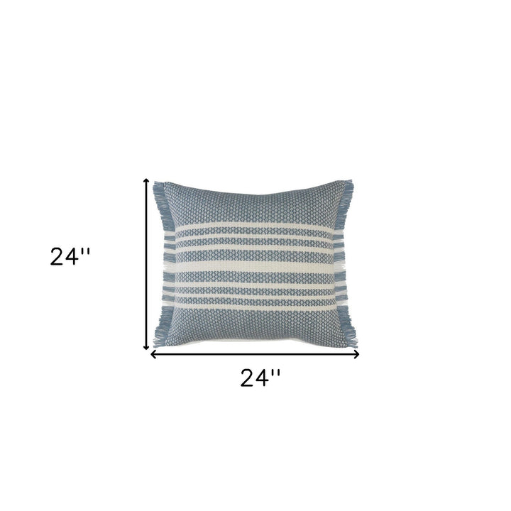 Premium 24" Blue and Off White Striped Indoor Outdoor Throw Pillow with Decorative Fringe