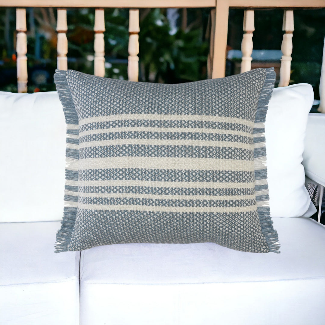 Premium 24" Blue and Off White Striped Indoor Outdoor Throw Pillow with Decorative Fringe