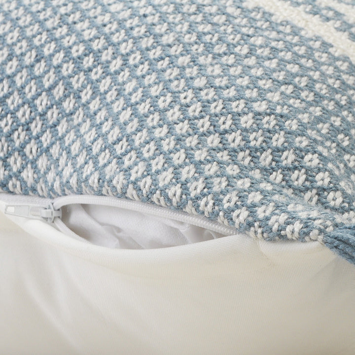 Premium 24" Blue and Off White Striped Indoor Outdoor Throw Pillow with Decorative Fringe
