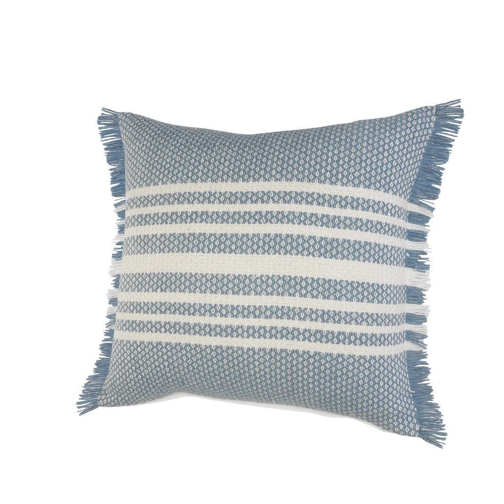 Premium 24" Blue and Off White Striped Indoor Outdoor Throw Pillow with Decorative Fringe
