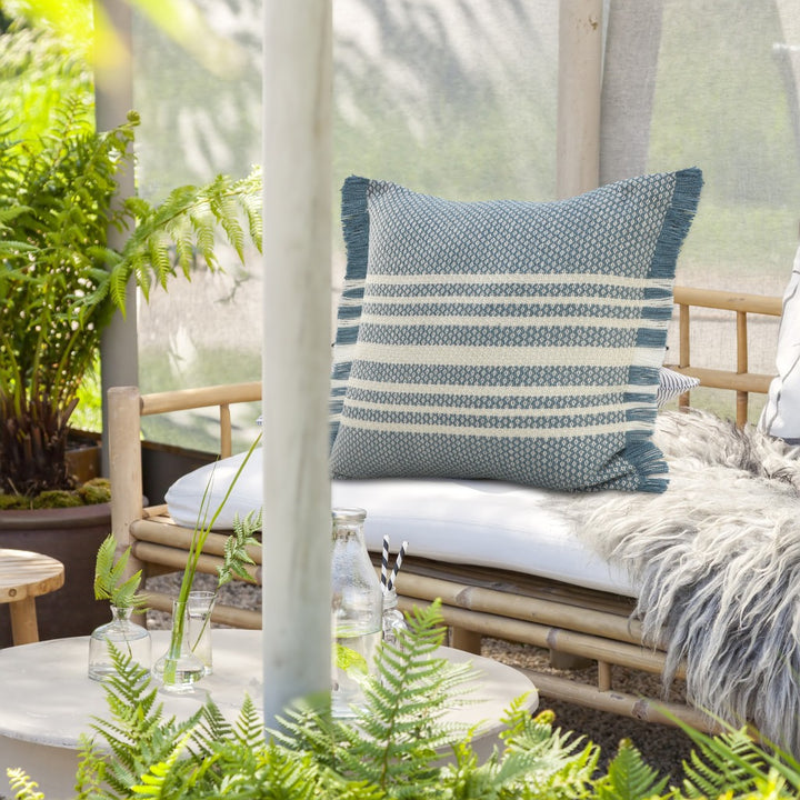 Premium 24" Blue and Off White Striped Indoor Outdoor Throw Pillow with Decorative Fringe