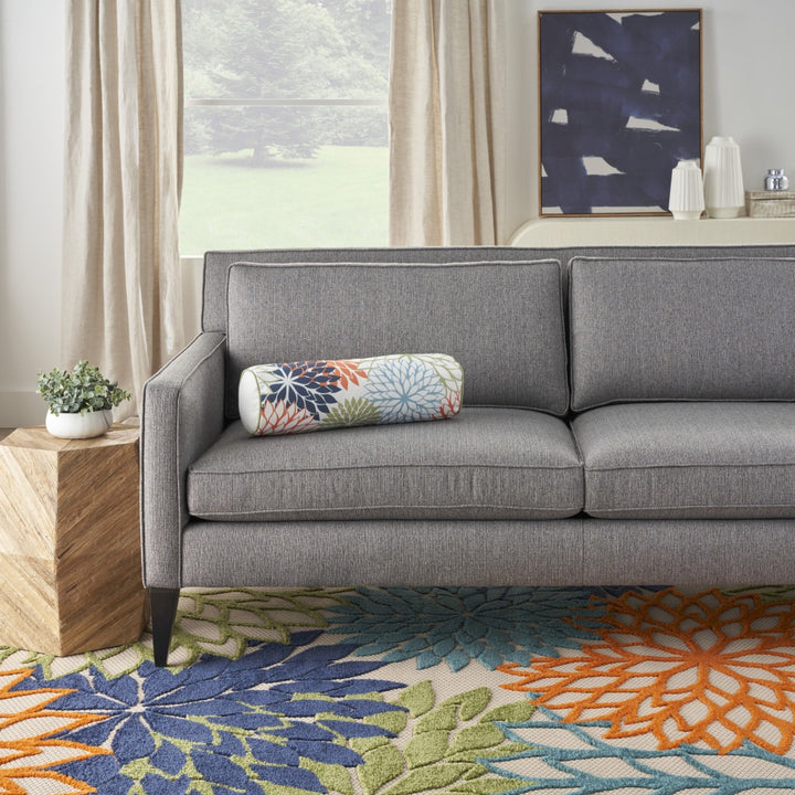 Modern  6" x 20" Orange Green and Blue Bolster Floral Indoor Outdoor Throw Pillow