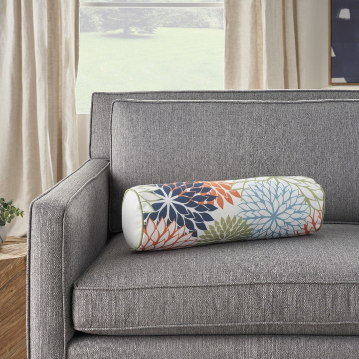 Modern  6" x 20" Orange Green and Blue Bolster Floral Indoor Outdoor Throw Pillow