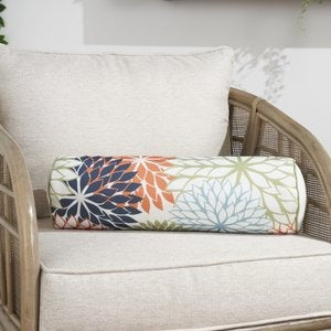 Modern  6" x 20" Orange Green and Blue Bolster Floral Indoor Outdoor Throw Pillow