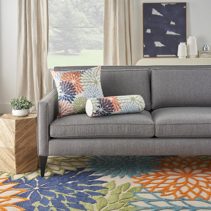Modern  6" x 20" Orange Green and Blue Bolster Floral Indoor Outdoor Throw Pillow