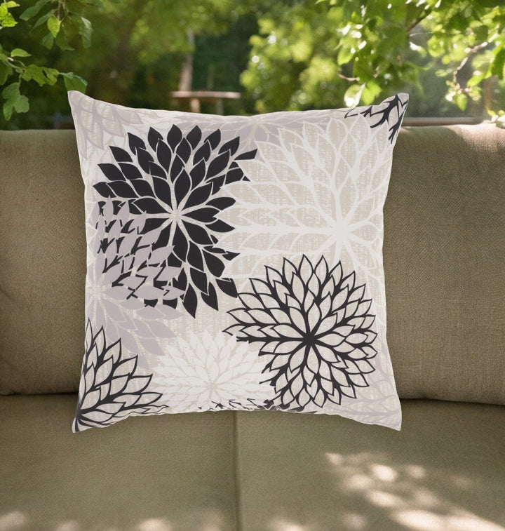 Premium 20" Black Gray and White Handmade Floral Indoor Outdoor Throw Pillow - Reversible Contemporary Design with Weather-Resistant Polyester