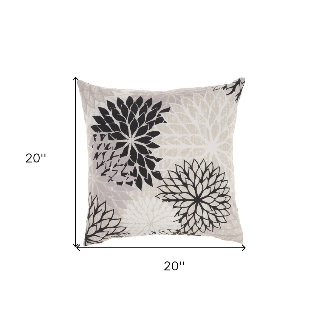Premium 20" Black Gray and White Handmade Floral Indoor Outdoor Throw Pillow - Reversible Contemporary Design with Weather-Resistant Polyester