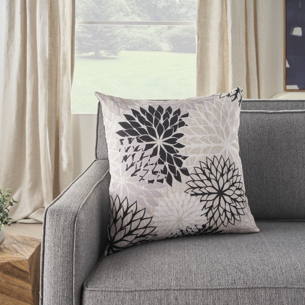 Premium 20" Black Gray and White Handmade Floral Indoor Outdoor Throw Pillow - Reversible Contemporary Design with Weather-Resistant Polyester