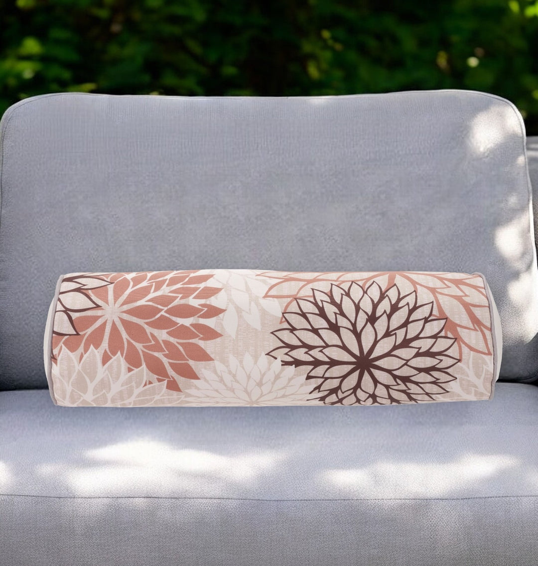 Premium 6" x 20" Brown Beige and Ivory Bolster Floral Indoor Outdoor Throw Pillow