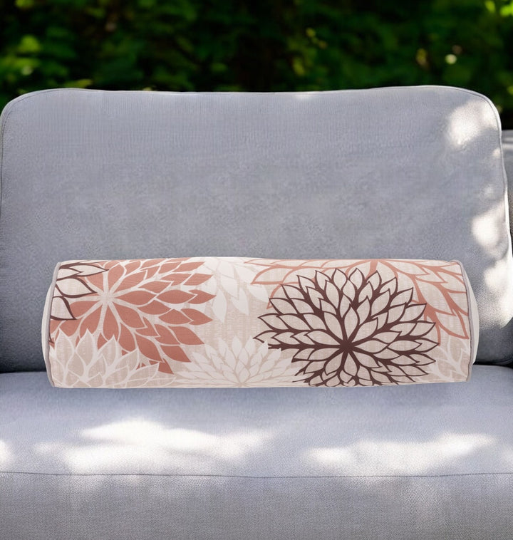 Premium 6" x 20" Brown Beige and Ivory Bolster Floral Indoor Outdoor Throw Pillow