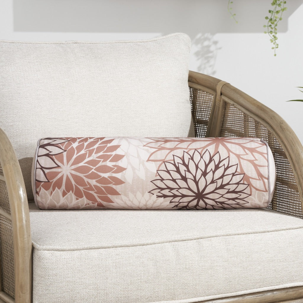 Premium 6" x 20" Brown Beige and Ivory Bolster Floral Indoor Outdoor Throw Pillow