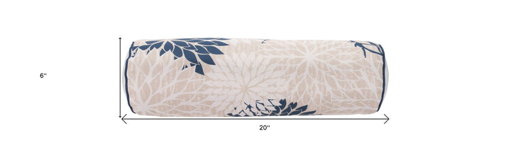 Modern and sophisticated  6" x 20" Beige Blue and Ivory Bolster Floral Indoor Outdoor Throw Pillow