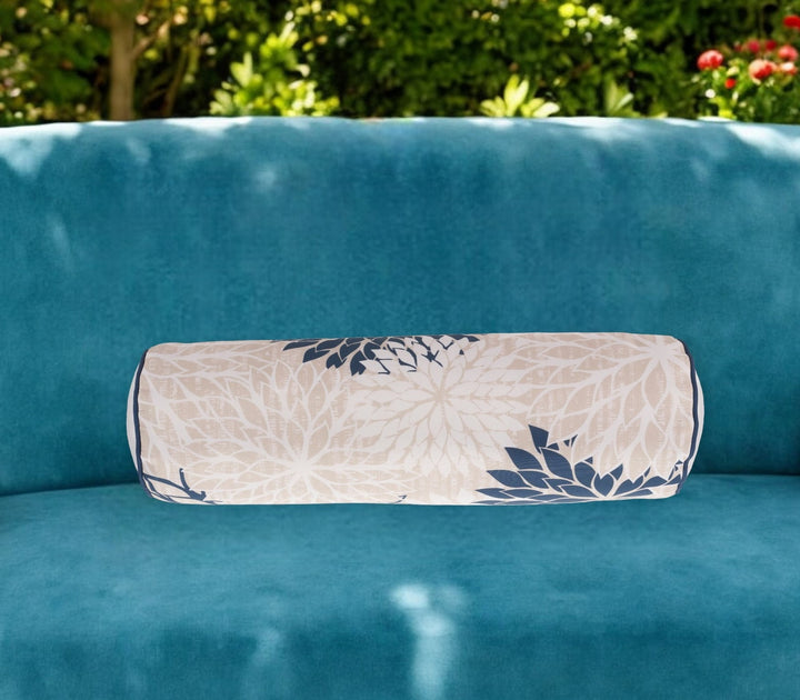 Modern and sophisticated  6" x 20" Beige Blue and Ivory Bolster Floral Indoor Outdoor Throw Pillow