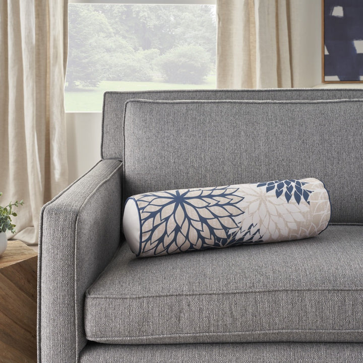 Modern and sophisticated  6" x 20" Beige Blue and Ivory Bolster Floral Indoor Outdoor Throw Pillow