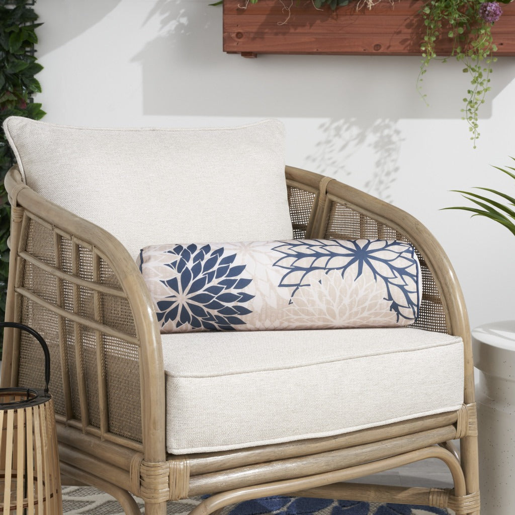 Modern and sophisticated  6" x 20" Beige Blue and Ivory Bolster Floral Indoor Outdoor Throw Pillow