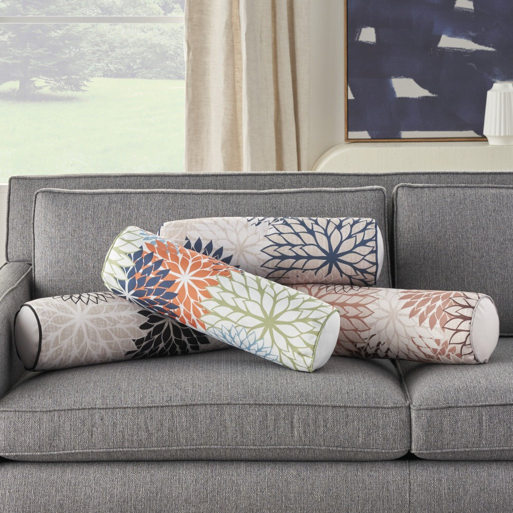 Modern and sophisticated  6" x 20" Beige Blue and Ivory Bolster Floral Indoor Outdoor Throw Pillow