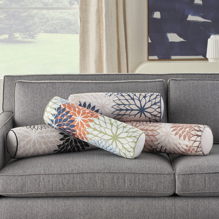 Modern and sophisticated  6" x 20" Beige Blue and Ivory Bolster Floral Indoor Outdoor Throw Pillow