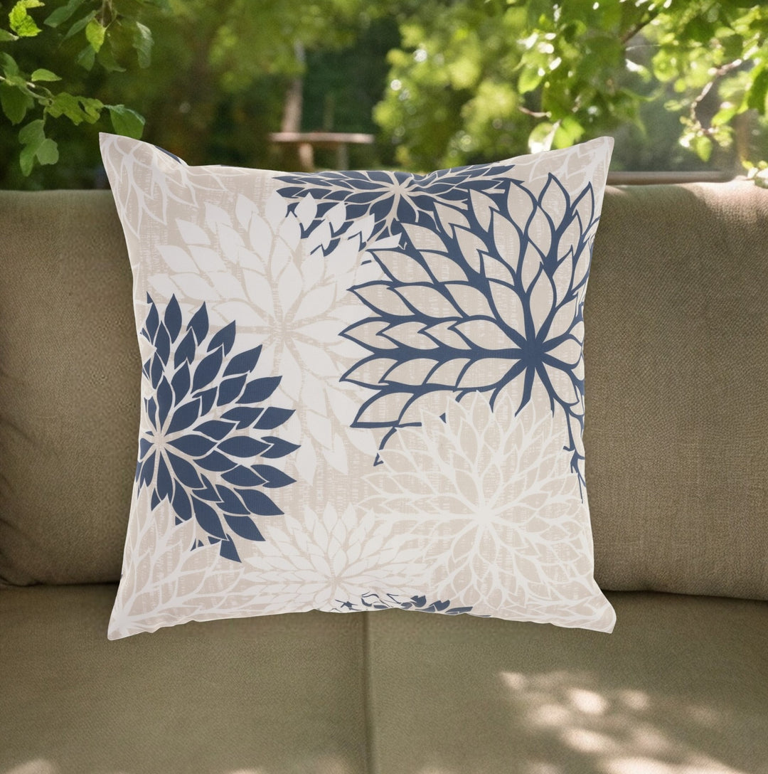Mordern and stylish 20" Beige Blue and Ivory Floral Indoor Outdoor Throw Pillow