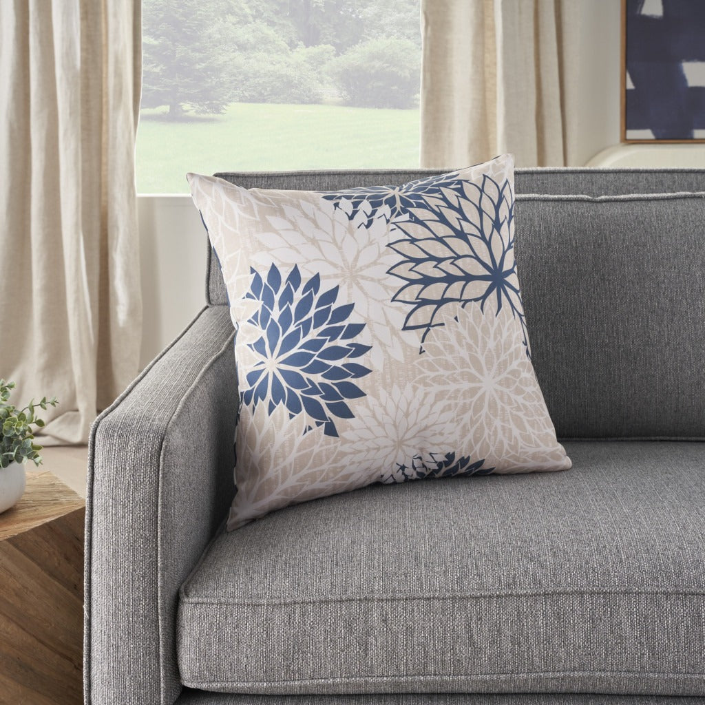 Mordern and stylish 20" Beige Blue and Ivory Floral Indoor Outdoor Throw Pillow