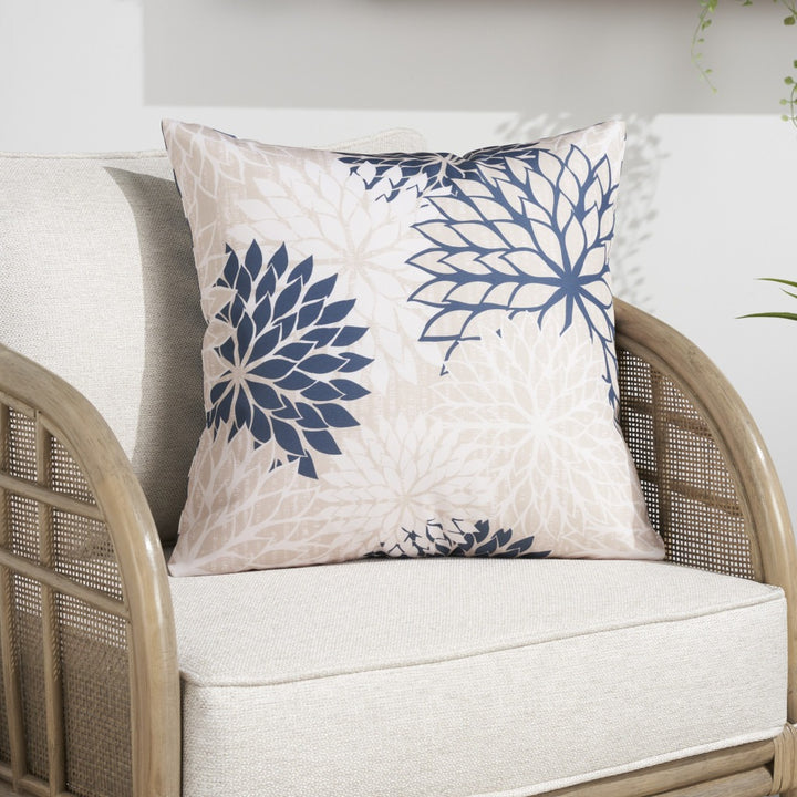 Mordern and stylish 20" Beige Blue and Ivory Floral Indoor Outdoor Throw Pillow