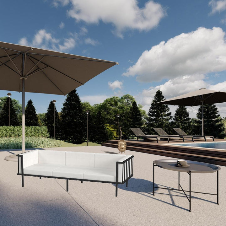 Modern Outdoor Iron Sofa Black - Norway 77"" Patio Furniture with Removable White Cushions & Commercial-Grade Durability